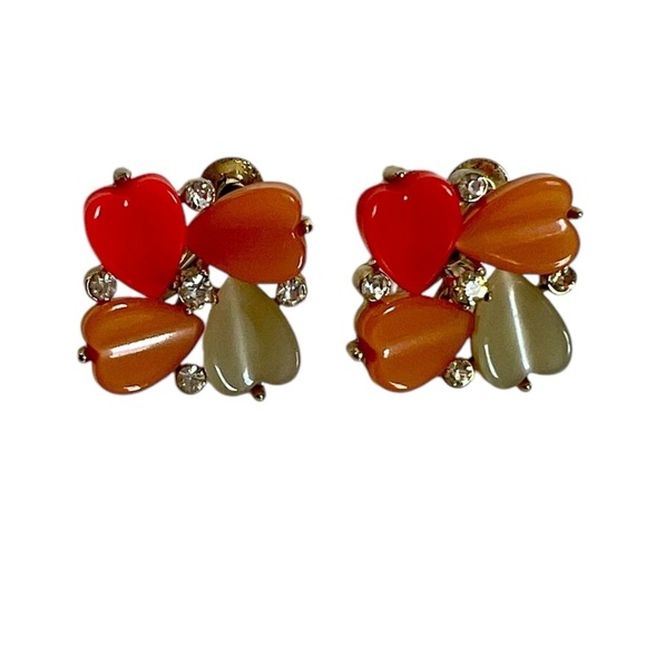 Vintage Lisner Choker Necklace & Clip On Earrings Set Orange Green Leaves MCM - Picture 4 of 8